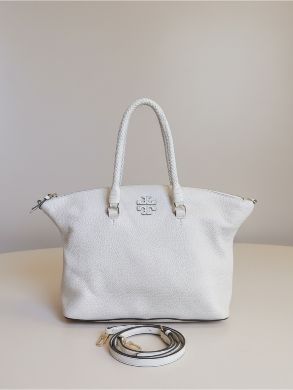 Tory Burch Pebbled Leather Ivory Satchel Tote Crossbody Bag w Dust Bag